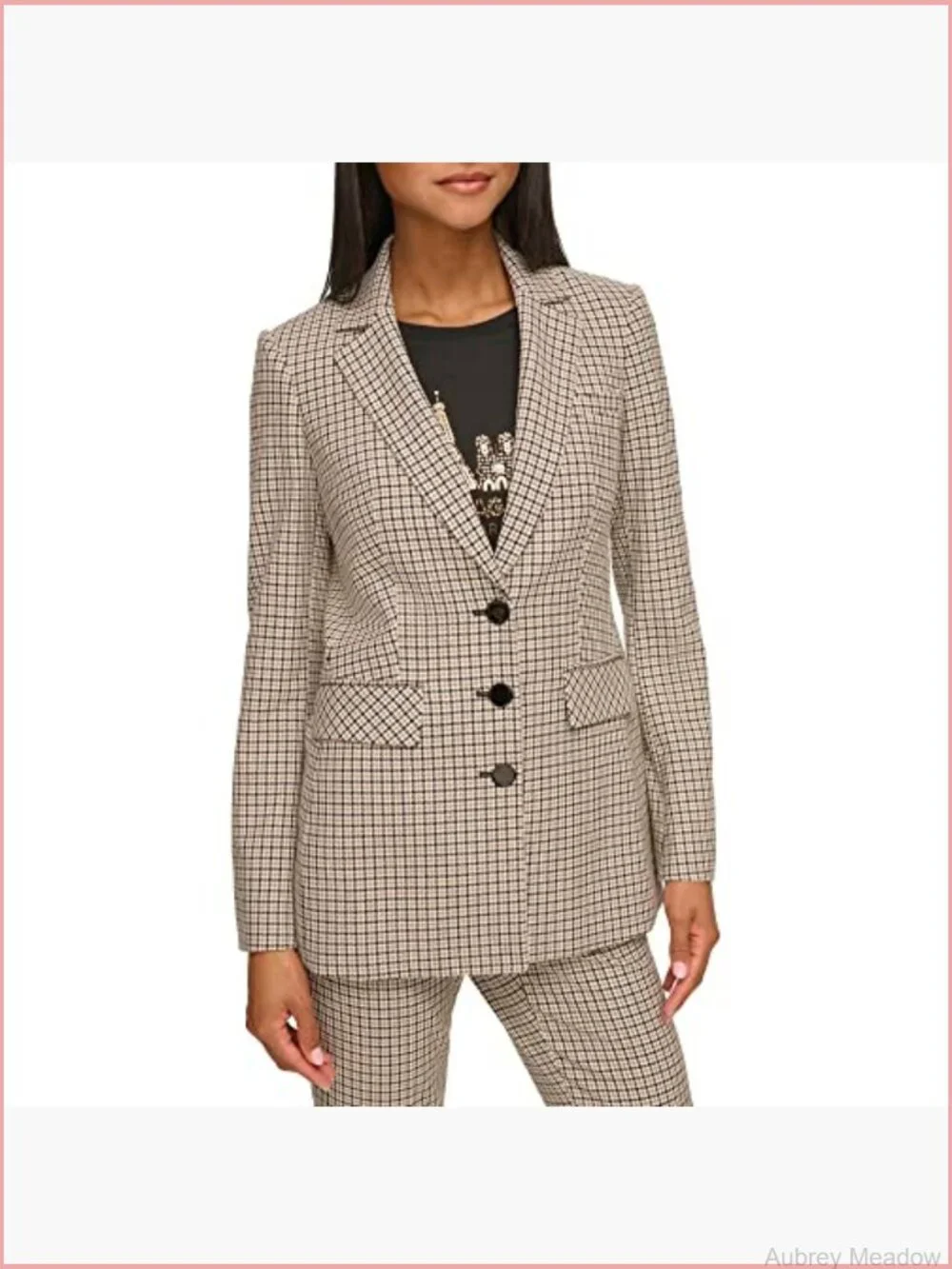 Three Button Plaid Fitted Blazer Notch Collar Long Sleeve Polyester